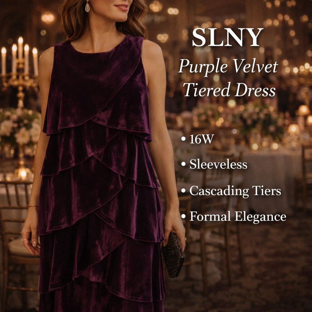SLNY Dress Velvet Tiered Purple SZ16W Sleeveless Evening Wear Wedding Events